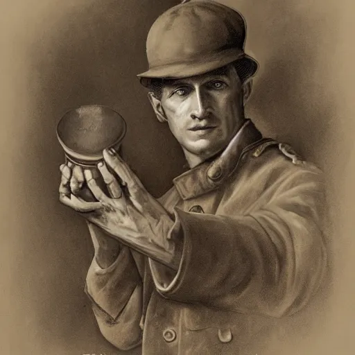 Image similar to a detailed photorealistic sepia - toned color portrait painting of a 1 9 1 7 worried clean - shaven british lieutenant in field gear in north arabia examining an ancient cylindrical clay jar, ultra realistic, intricate details, atmospheric, dark, horror, brooding, highly detailed, by clyde caldwell