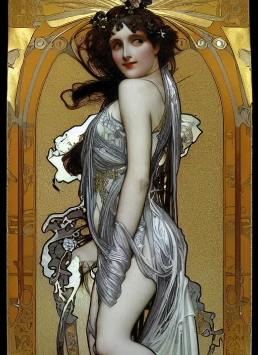 Image similar to Goth girl, fractal silver and gold sculpture by Alphonse Mucha