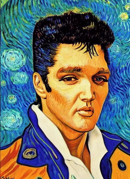 Prompt: oil painting of elvis presley by van gogh