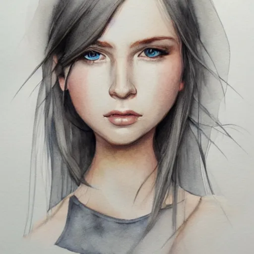 Prompt: white shoulder-length haired girl, watercolor, grey eyes, portrait, artstation, highly detailed, by Ross tram