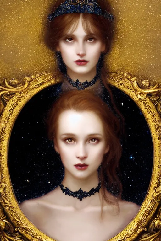 Image similar to Nocturne, glowing, stars, a long-legged elegant sultry woman, long auburn hair, pearl choker, tiara, highly detailed, mysterious, ethereal, dressed in black velvet, haute couture, illustration, dramatic lighting, soft details, painting, by Edmund Blair Leighton, Brom, Charlie Bowater, trending on artstation, faces by otto schmidt