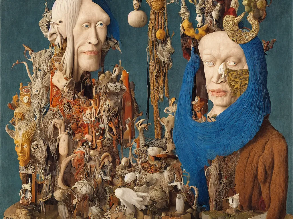 Prompt: portrait of albino mystic with blue eyes, with beautiful exotic, archaic, prehistoric, Balinese mask, sculpture. Painting by Jan van Eyck, Audubon, Rene Magritte, Agnes Pelton, Max Ernst, Walton Ford