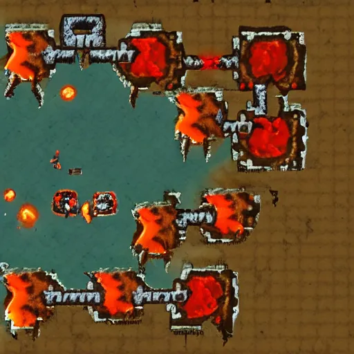 Image similar to TzKal-Zuk at the Inferno, old school runescape, lava river, magma, large shield of magma, obsidian pillars