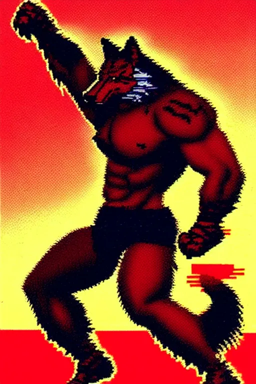 Image similar to extreme long shot. 8 bit nes graphics. antropomorphic muscular masculine wolf. kickboxer fighter, in shorts. wolf head. angry. fine details, very sharp, art from nes game cartridge, 8 0's, vhs artefacts, vaporwave style, marc simonetti and hermann nitsch and anish kapoor.