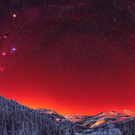 Image similar to A heavily-forested valley surrounded by snow-capped mountains at night, a red nebula and orange gas giant with rings in the sky, no clouds, sci-fi, photorealistic, landscape