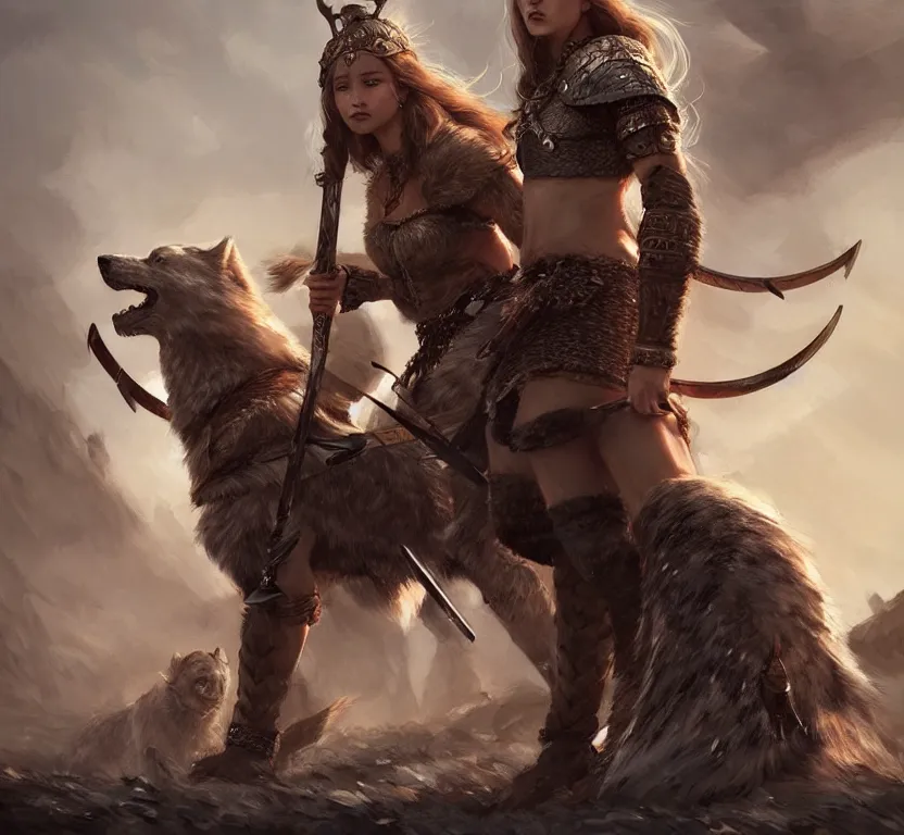 Image similar to a gorgeous!! woman resembling alicia vikander as a viking warrior accompanied by a dire wolf on the battlefield surrounded by the fallen | drawn by wlop, drawn by jeehyung lee, drawn by argerm | intricate, highly detailed, ultra graphics, digital painting, artstation