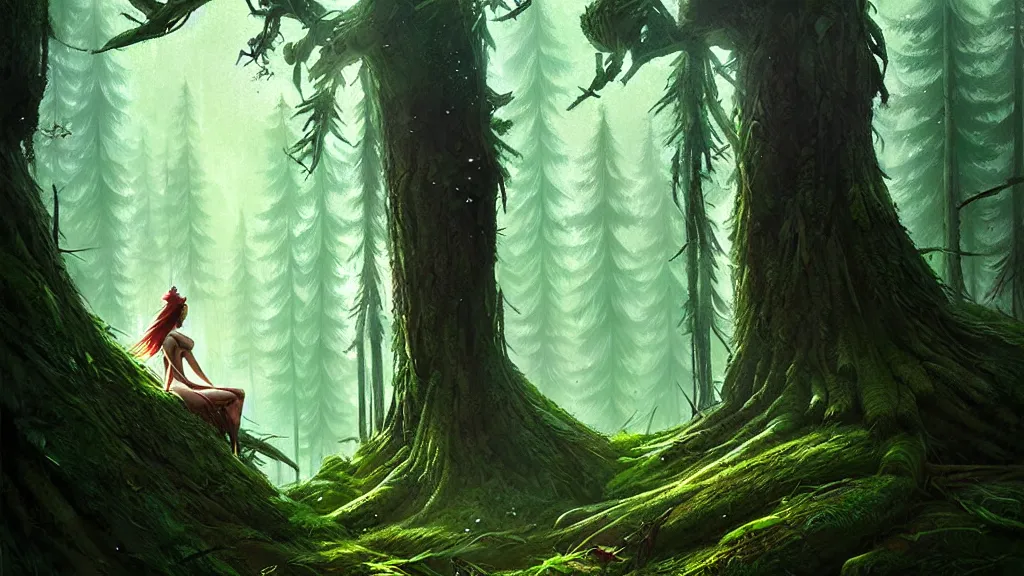 Image similar to a queen of the forest, lost in the forest, detailed digital art by greg rutkowski.