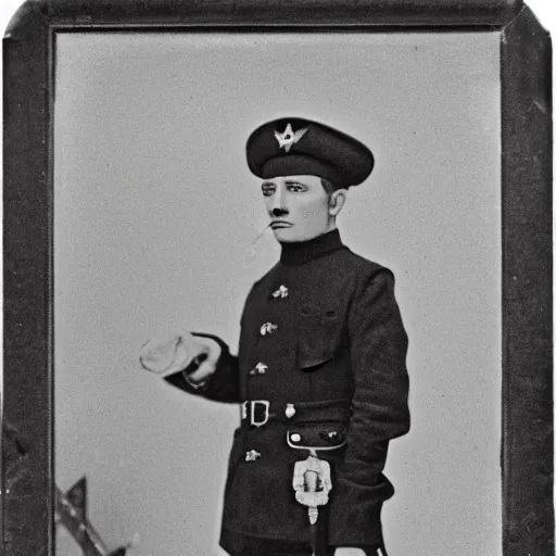 Prompt: A portrait of a guinea pig wearing a Russian WW1 uniform, grainy black and white photograph