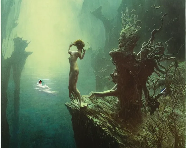 Prompt: the last sight before death by drowning, underwater scene, painted by zdzislaw beksinski and artgerm and greg rutkowski and alphonse mucha and rene laloux