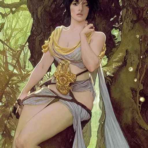 Image similar to portrait of statuesque elf resting on a tree, short black hair, gold robes, expressive face, sharp focus, intricate, smooth, ultra realistic digital art, d & d, high fantasy, pointed ears, elegant, by artgerm, greg rutkowski, alphonse mucha