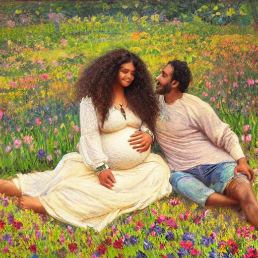 Image similar to egyptian man with long curly hair in a field of flowers, alongside a pregnant black woman with curly hair, laying down, picnic, with a tiny black puppy in the middle, golden hour, vintage, impressionist painting, fine art, oil painting, dreamy, pastel, laughing, happy, intricate details, sharp, peaceful, serene