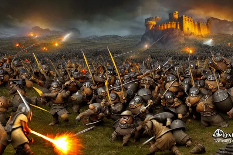 Image similar to diorama of minions fighting orcs in the battle of helm's deep, giant castle walls, realistic, 4 k, detailed, atmospheric, cinematic lighting