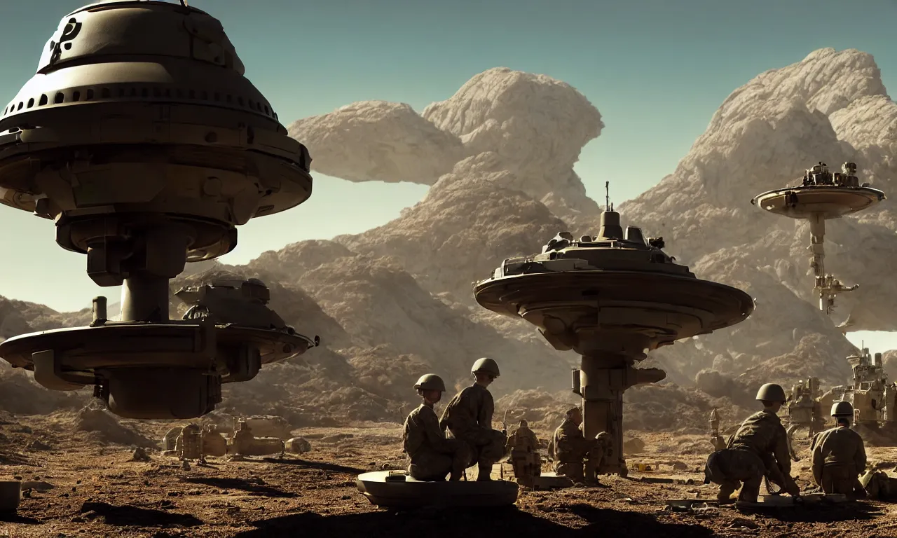 Prompt: sitting small dog watching tired soldiers repairing complicated secret flying saucer in colorful futuristic laboratory, dramatic shadows cast on reflective dirty ground, with mountains in background, volumetric lighting, subsurface scattering, dramatic lighting, high detail, from new scifi by digital domain and weta digital, strong ambient occlusion