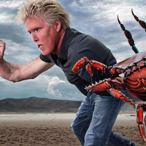 Prompt: stunning award winning hyperrealistic hdr 8 k highly detailed photo of garry busey fighting a giant humanoid crab