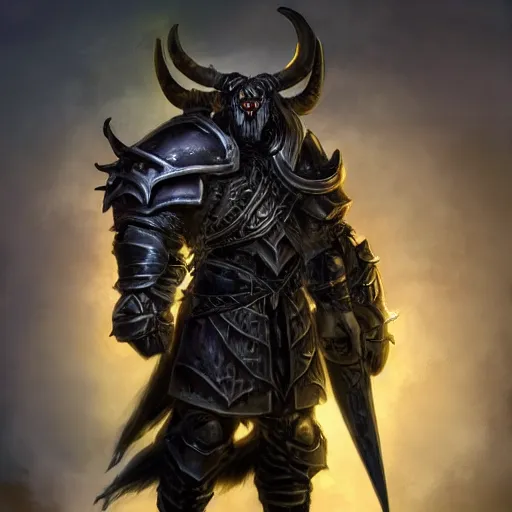 Prompt: dungeons & dragons avatar, fantasy concept art, portrait of a male tauren deathknight with black fur and plate armor, large and muscly build, helmet with large horns, nose ring, scars, in the style of ruan jia, dark lighting, dark background, high detail, 8 k,