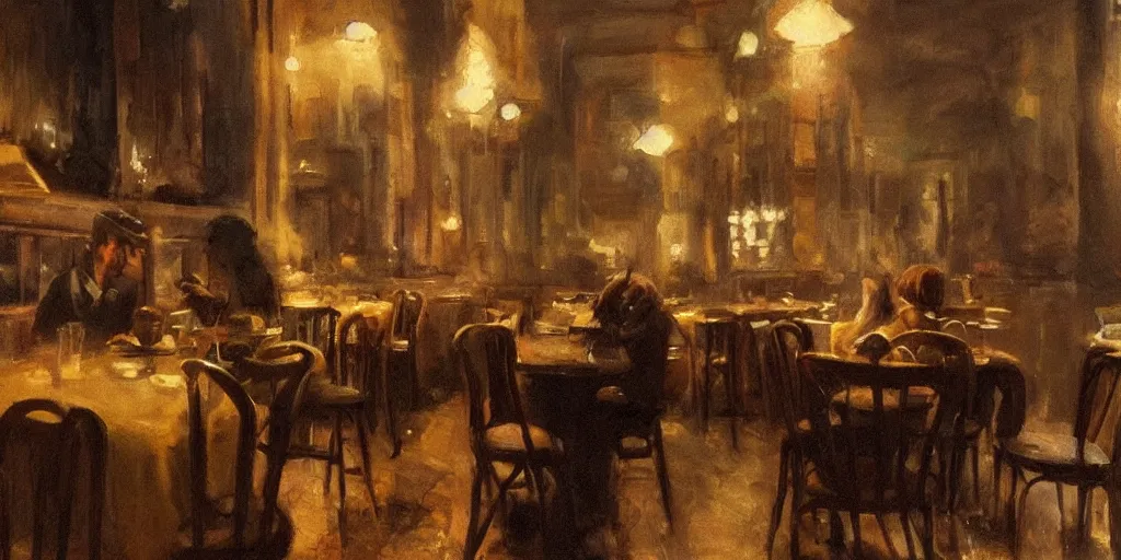 Image similar to brown cat with yellow eyes is sitting at table in a cafe at paris in early 2 0 th century. atmospheric feeling, warm colours, brown colours, yellow colours, epic scene, cinematic, very detailed, hd, trending on artstation