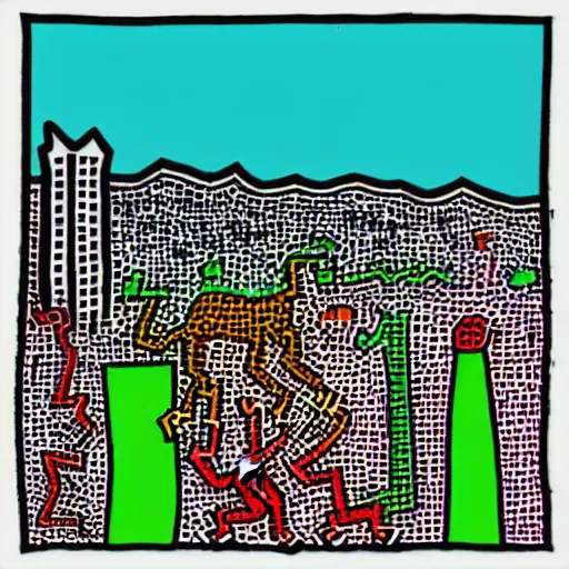 Image similar to asheville skyline, digital art, keith haring style