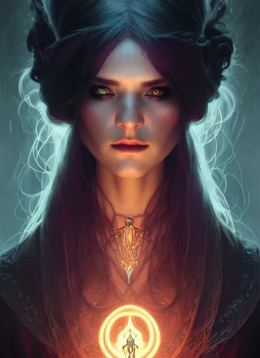 Image similar to Necromancer Sorceress, fantasy magic, undercut hairstyle, dark light night, intricate, elegant, sharp focus, illustration, highly detailed, digital painting, concept art, matte, art by WLOP and Artgerm and Greg Rutkowski and Alphonse Mucha, masterpiece