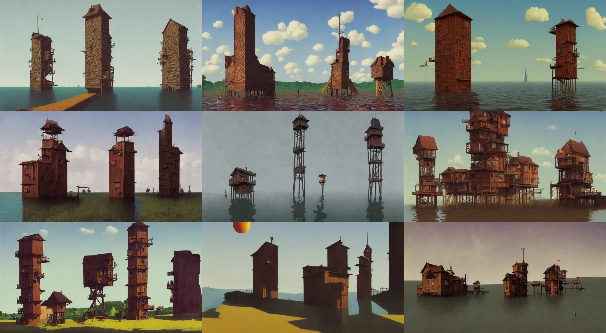 Image similar to single flooded simple wooden tower, very coherent and colorful high contrast!! masterpiece by rene magritte simon stalenhag carl spitzweg syd mead norman rockwell edward hopper james gilleard, minimalist, dark shadows, sunny day, hard lighting