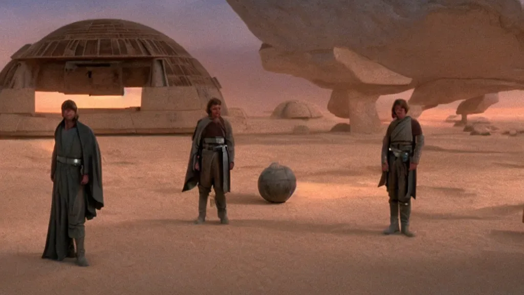 Image similar to film still Luke skywalker watches tatooine binary sunset moisture farm dome house