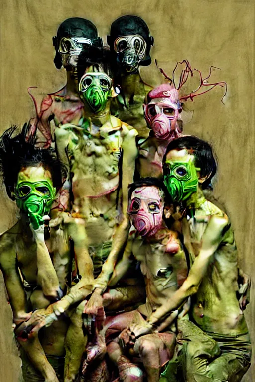 Prompt: a group of skinny children wearing gas masks, cinematic, dystopian, eerie, horror, gothic, draped in gold, green and pink, highly detailed painting by, Jenny Saville Esao Andrews, Francis Bacon, Edward Hopper, surrealism, art by Takato Yamamoto and James Jean