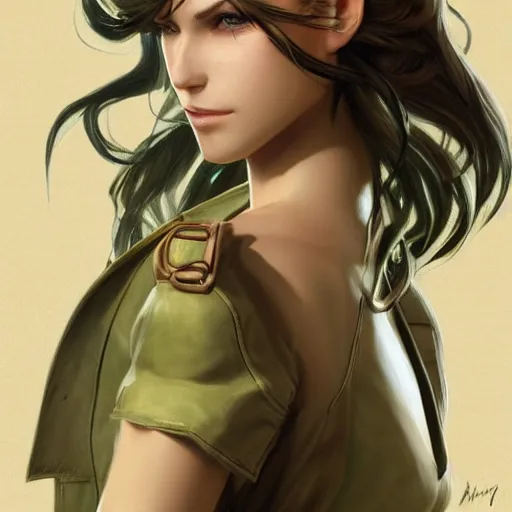 Image similar to a head and shoulders portrait of a girl with green eyes and short black hair in a tan trenchcoat, from Final Fantasy XIII, retro, smooth, sharp focus, intricate, artstation, detailed concept art by Rutkowski and Mucha and sky sewa and Marc Simonetti