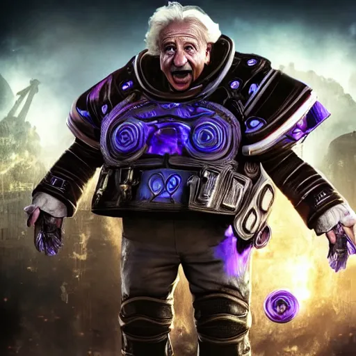 Image similar to albert einstein as willy wonka in gears of war, splash art, movie still, cinematic lighting, dramatic, octane render, long lens, shallow depth of field, bokeh, anamorphic lens flare, 8 k, hyper detailed, 3 5 mm film grain