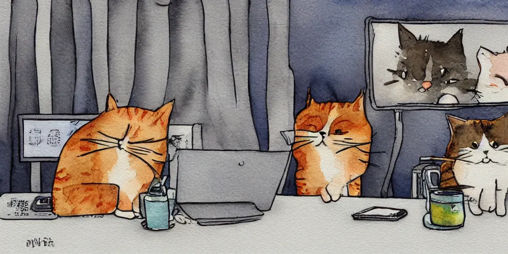 Image similar to watercolor illustration style, cute cats watch the news in computer monitor