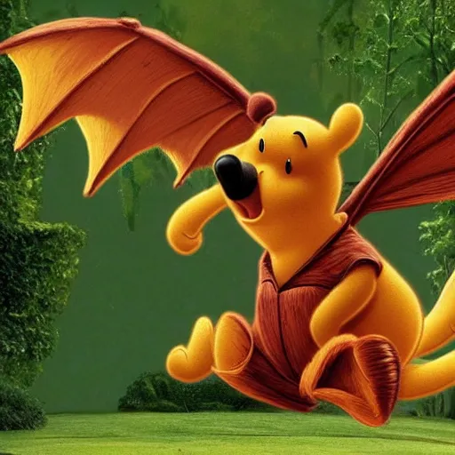 Image similar to Winnie the Pooh riding a flying parakeet dragon, the wings are made of pizza, budgie bird, high resolution photo