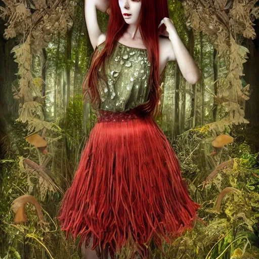 Image similar to Girl, long red hair, short bangs, in a beautiful skirt made of leaves with dewdrops on them, clothes, tiny mushrooms and forest on a dress, mushrooms decoration on the dress, on the background of a magickal forest, Designer clothes, vouge photo, fashion style, fullbody, in full growth, intricate, elegant, highly detailed, artstation, concept art, smooth, sharp focus, illustration, art by greg rutkowski and orientalism and bouguereau and Zdzislaw Beksinski, good clear quality, lighting, biology, symmetrical artwork, perfect face, 135 mm, cinematic, hyper realism, high detail, octane render, 8k, chrome accents