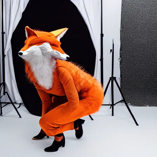 Prompt: photo of a woman in a realistic fox costume, in a photo studio, studio photography