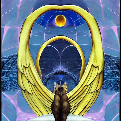 Image similar to soft refracting boring continent rectangle wolf angel citrus archway , by Hieronymus Bosch and George Lucas and Wendy Froud , parallax , cyberpunk , An art deco