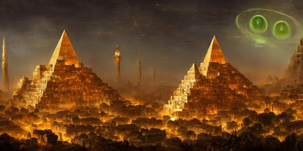 Image similar to magical city of the great tartarian empire adorned with amazing lost technology, lighting resembling fireflies, spires from rooftops collecting and distributing etheric energy, the centerpiece of the city is a colossal ancient pyramid made of metal, cityscape, combining intense detail & utmost quality, late 1 8 0 0 s photography christian hecker, artstation, - h 8 3 2