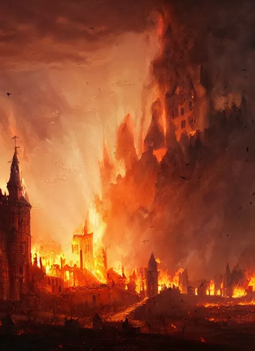 Prompt: a medieval castle burns, epic atmosphere, by greg rutkowski, nature by asher brown durand, composition by yoshitaka amano