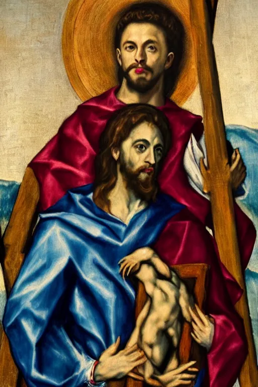 Prompt: Elon Musk as El Greco's Christ Carrying the Cross, Vibrant Vaporwave Color Scheme, Photorealistic, Realism