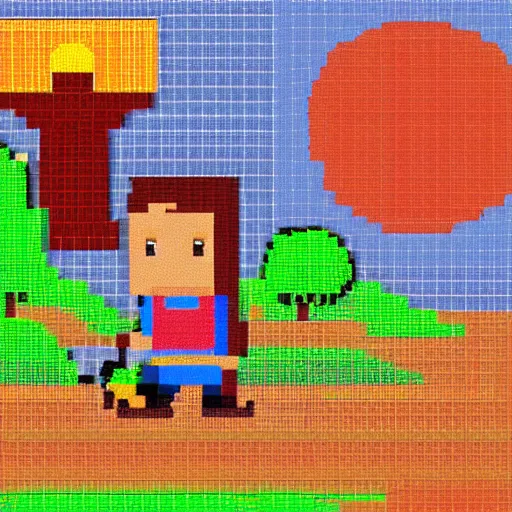 Prompt: pixel art of a farmer in a cathedral holding a red basketball