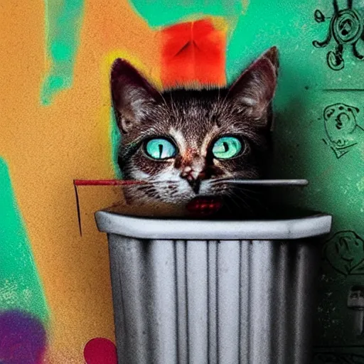 Image similar to a little alley cat living inside trash at night in the style of kahlo