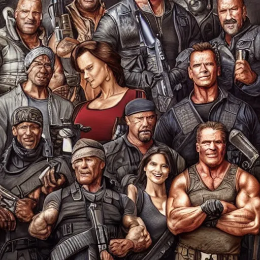 Prompt: A group photo of the cast of Expendables but it's all Arnold Schwarzenegger, western, D&D, fantasy, intricate, elegant, highly detailed, digital painting, artstation, concept art, matte, sharp focus, illustration, art by Artgerm and Greg Rutkowski and Alphonse Mucha
