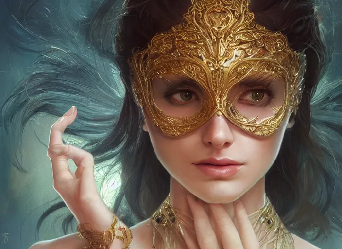 Image similar to masked, perfectly-centered-Portrait of the most beautiful woman on the planet , intricate, highly detailed, artstation, concept art, concept render, octane, redshift, smooth, sharp focus, illustration,award-winning, Unreal Engine 5, 8K, art by artgerm and greg rutkowski and alphonse mucha