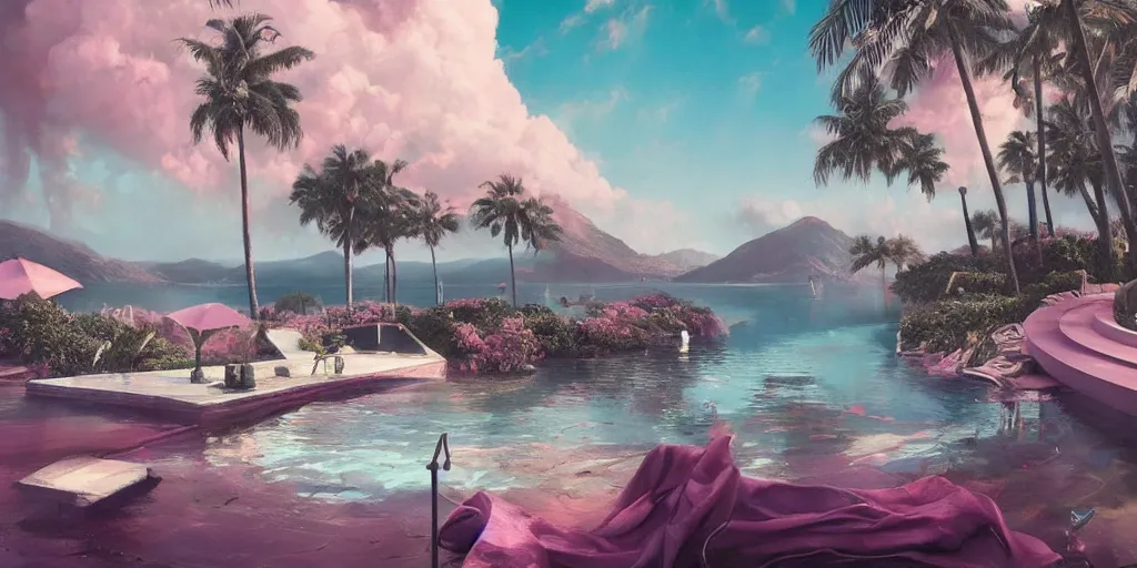 Prompt: greg rutkowski masterpiece, hyperrealistic surrealism, award winning masterpiece with incredible details, epic stunning, infinity pool, a surreal vaporwave liminal space, highly detailed, trending on ArtStation, calming, meditative, pink arches, flowing silk sheets, palm trees, very vaporwave, very very surreal, sharp details, dreamscape