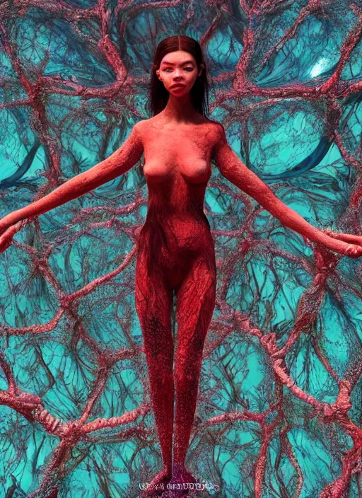 Image similar to hyper detailed 3d render like a Oil painting - very coherent Concrete displacement mapped profile subsurface scattering (a beautiful fae princess protective playful expressive from dark crystal that looks like Anya Taylor-Joy) seen red carpet photoshoot in UVIVF posing in caustic light pattern pool of water to Eat of the Strangling network of yellowcake aerochrome and milky Fruit and His delicate Hands hold of gossamer polyp blossoms bring iridescent fungal flowers whose spores black the foolish stars by Jacek Yerka, Ilya Kuvshinov, Mariusz Lewandowski, Houdini algorithmic generative render, golen ratio, Abstract brush strokes, Masterpiece, Victor Nizovtsev and James Gilleard, Zdzislaw Beksinski, Tom Whalen, Mark Ryden, Wolfgang Lettl, hints of Yayoi Kasuma and Dr. Seuss, Grant Wood, octane render, 8k