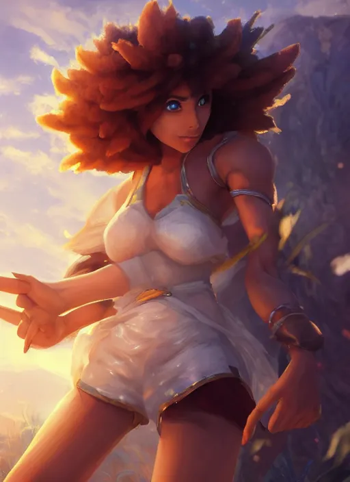 Image similar to taliyah, from league of legends, in shape, cosplay, exhibant au naturel, jungling, hyper detailed, digital art, trending in artstation, cinematic lighting, studio quality, smooth render, unreal engine 5 rendered, octane rendered, art style by klimt and nixeu and ian sprigger and wlop and krenz cushart