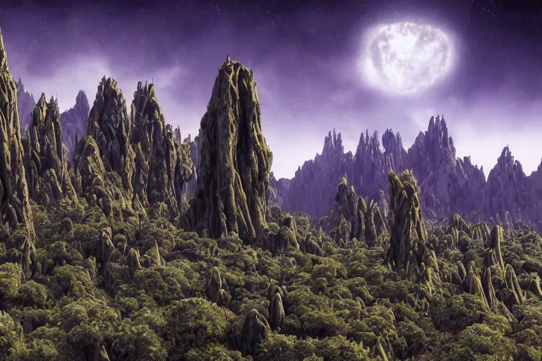 Prompt: an alien landscape featuring towering mountains, strange plants, and an otherworldly sky, 4 k photorealism