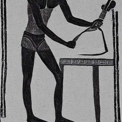 Image similar to Egyptian drawing of a man using a shake weight, ancient, photorealistic