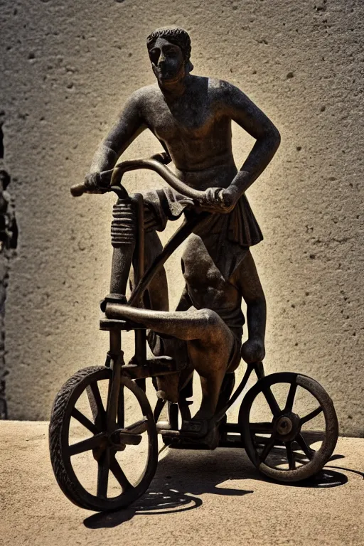 Image similar to photo of the ancient statue of biker on the tricycle, symmetrical, cinematic, real dlsr photography, sharp focus, 4 k, ultra hd, sense of awe, archeology journal cover