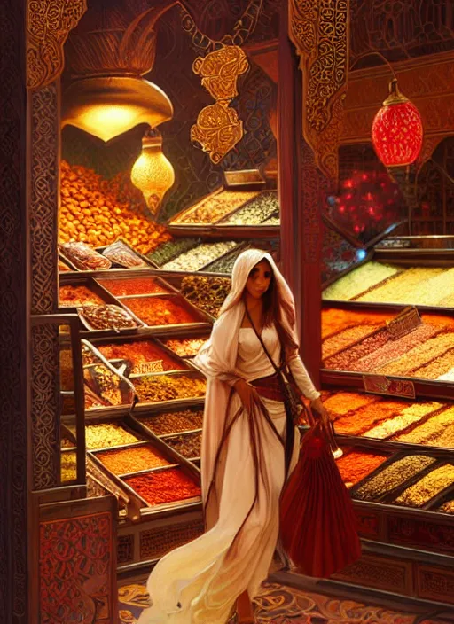 Prompt: a young arabian lady shopping at a desert spice market at night, shiny, fantasy, intricate, elegant, hyper detailed, ultra definition, photoreal, artstation, unreal engine rendered, concept art, smooth, sharp focus, illustration, art by artgerm and greg rutkowski and alphonse mucha and garis edelweiss