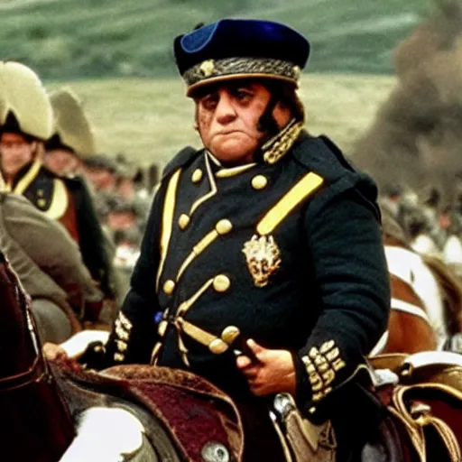 Image similar to Danny DeVito in Napoleonic officer's uniform, riding on horseback in a battlefield