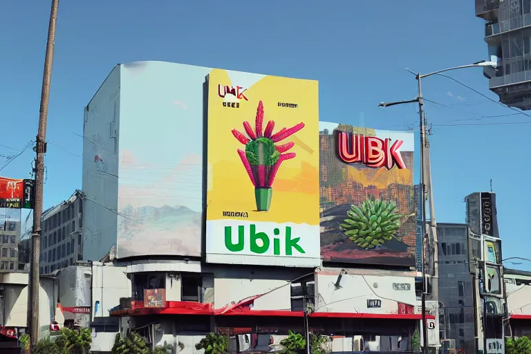 Image similar to an advertisement billboard for 'UBIK', retro-futurism style-art deco style-sci-fi- 3d geometric landscape with cactus