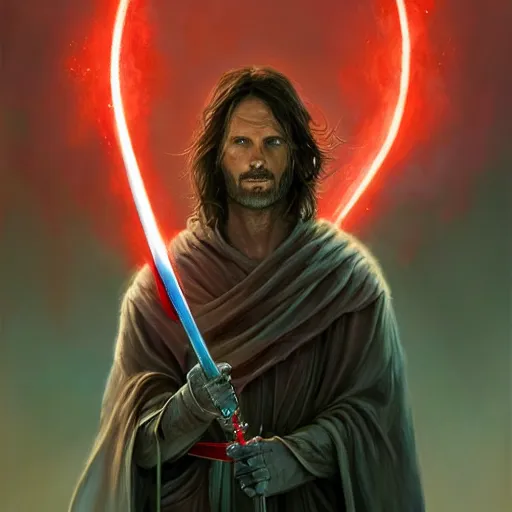 Prompt: portrait Aragorn as a Jedi Knight with red glowing eyes and a bright red lightsaber, art by pete mohrbacher and seb mckinnon and beksinski and josan gonzales, digital art, highly detailed, intricate, sci-fi, sharp focus, Trending on Artstation HQ, deviantart, unreal engine 5, 4K UHD image