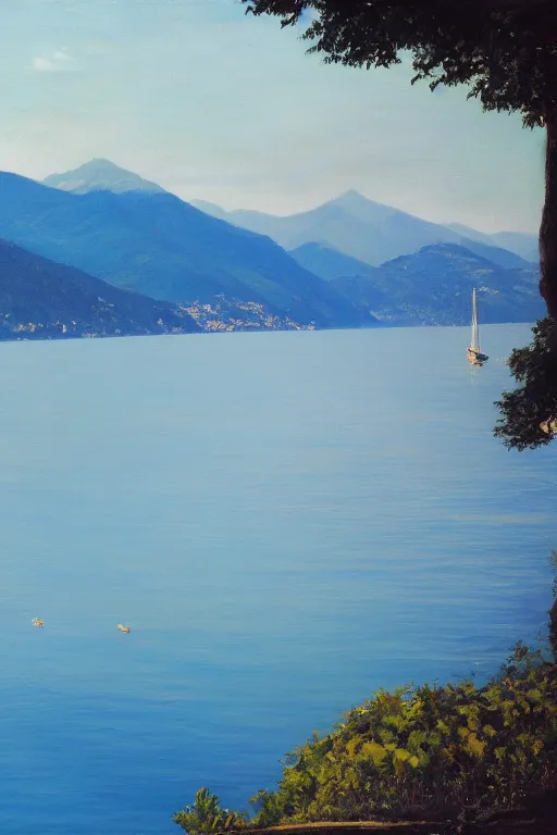 Image similar to Highly detailed oil painting of Lake Como, wide shot, daylight, blue sky, summer, dramatic lighting, award winning, highly detailed, medium format photography, cinestill 800t.